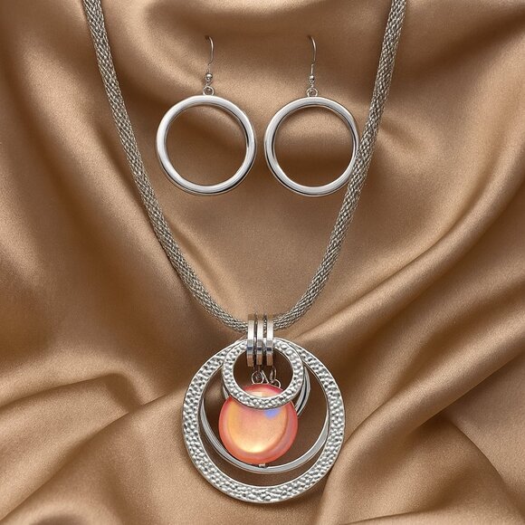 Silver Multi-Hoop & Disc Pendant Necklace  & Earrings - Women’s Fashion Jewelry - Picture 1 of 11
